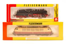 2 Fleischmann HO locomotives. A DB class 103 Co-Co twin pantograph electric 103 155-8 in cram and