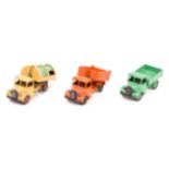 3 Dinky Toy Bedford Lorries. Bedford End Tipper (25m) in orange with black wheels. Bedford Refuse