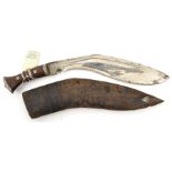 A kukri, plated blade 13”, small back fuller, WM mounted brown wood grip, in its leather covered