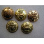 5 pre 1881 infantry officers’ large gilt numbered tunic buttons: 70th, 71st, 72nd, 73rd and 74th. GC
