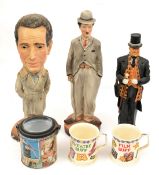 3 painted plaster figures: Charlie Chaplin, in typical baggy suit with bowler hat and cane, 17”,