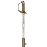 A Geo V RN officer’s sword, almost straight, fullered blade 31½”, by Gieves, etched with crowned