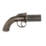 A 6 shot 120 bore self cocking bar hammer percussion pepperbox revolver, 8” overall, barrels 3” with
