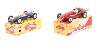 2 scarce Solido single seater racing cars. A Maserati 250 in red, no racing number, driver with