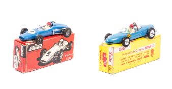 2 scarce Solido single seater racing cars. A Ferrari F1 in blue, RN 2, driver with red helmet.