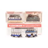 A small quantity of N gauge railway by Fleischmann. A twin-bogie electric railcar DB, 491 001-4,