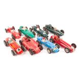 8x 1950s/60s plastic and tinplate F1 cars by ELM, Marx, Merit and Tomiyama. A friction drive