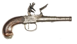 A 50 bore silver mounted cannon barrelled flintlock boxlock pocket pistol, c 1783, 7½” overall, turn