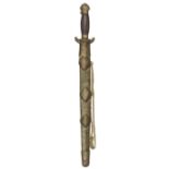 A Chinese shortsword, DE blade 16”, hollow floral embossed brass crossguard, fluted swollen dark