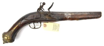 A late 18th century Turkish 20 bore flintlock holster pistol, 16” overall, barrel 9”, the thick