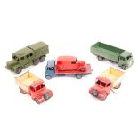 6 Dinky Toys. Guy flatbed in blue with red rear body. Guy 4-ton Lorry in dark green 2x Bedford