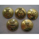 5 pre 1881 infantry officers’ large gilt numbered tunic buttons: 91st 2 types, 92nd, 93rd and