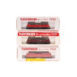 3 Fleischmann ‘Piccolo’ N gauge DB diesel/electric locomotives. 2x Bo-Bo diesel – 218 301-0 (7232)