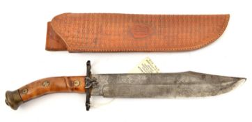A late 19th century Bowie knife, blade 10” with traces of plating, steel crossguard and brass