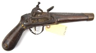 An unusual 20 bore Caucasian miquelet flintlock pistol, 12” overall, barrel 6½” with simple engraved
