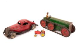 A small quantity of tinplate vehicles and model tractors. A large 1930s Tri-ang tinplate No.3