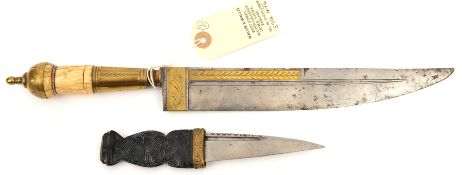 A 19th century Spanish knife, SE blade 9” tapering to DE point, leaf pattern brass inlay to top half