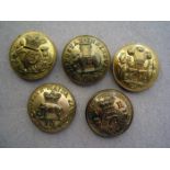 5 pre 1881 infantry officers’ large gilt numbered tunic buttons: 75th, 76th, 77th, 78th and 79th.