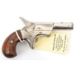 A Belgian 8.5mm RF Derringer pistol, 5” overall, barrel 2½” which swings to the right for loading,