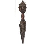 An interesting 19th cent Tibetan carved and polished all darkwood exorcising dagger phurbu, hollow