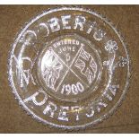 A Boer War commemorative glass plate, dotted inscription “Roberts. Pretoria” with VR cypher and