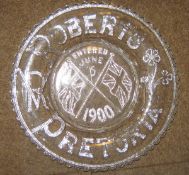 A Boer War commemorative glass plate, dotted inscription “Roberts. Pretoria” with VR cypher and