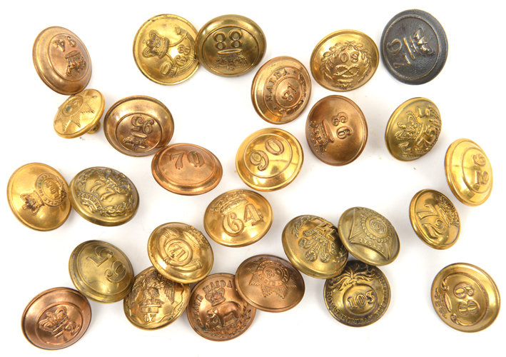 18 different officers’ small gilt numbered tunic buttons, between 63rd and 108th, and 9 similar OR’s