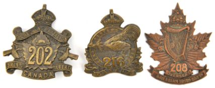 3 CEF infantry cap badges: 202nd, 208th (208A lugs missing) and 216th (216A). GC Part I of the