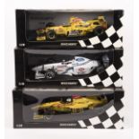 3 Minichamps 1:18 scale F1 racing cars. 2x Jordan Peugeots, RN9 and RN12. Plus a Stuart Ford RN22.