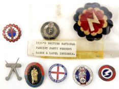 A scarce British Union of Fascist rosette, red, white and black with silver rune; also lapel
