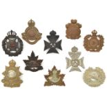 10 pre 1950 Canadian cap/glengarry badges: R Rifles, R Regt, R Hamilton L.I., PWOR, Argyll LI (