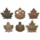 6 CEF infantry cap badges: 119th, 121st, 123rd (123A), 127th (127A one flat lug missing), 128th