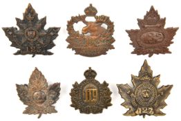 6 CEF infantry cap badges: 119th, 121st, 123rd (123A), 127th (127A one flat lug missing), 128th