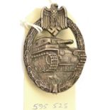 A Third Reich Panzer Assault badge in silver, plated on white metal with solid flat back, wide hinge