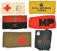 6 WWI/II arm bands: Sussex VAD, d 1918, Derby Scheme, CIGS officer, WVS, CDC and MP.