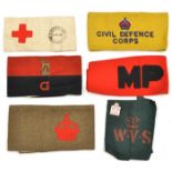 6 WWI/II arm bands: Sussex VAD, d 1918, Derby Scheme, CIGS officer, WVS, CDC and MP.