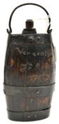 A very unusual Boer War bottle, barrel shaped wood body, metal bound, carved with “Holland En