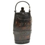 A very unusual Boer War bottle, barrel shaped wood body, metal bound, carved with “Holland En