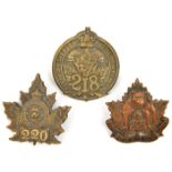 3 CEF infantry cap badges: 218th, 220th (one lug missing) and 221st. GC to VGC Part I of the