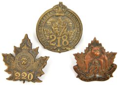 3 CEF infantry cap badges: 218th, 220th (one lug missing) and 221st. GC to VGC Part I of the