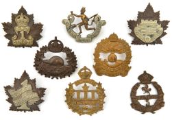 8 CEF infantry cap badges: 1st (1A), 3rd (3B, lugs resoldered), 5th (5A, lugs missing), 6th, 7th (