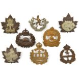 8 CEF infantry cap badges: 1st (1A), 3rd (3B, lugs resoldered), 5th (5A, lugs missing), 6th, 7th (