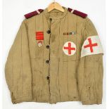 An unusual WWII Russian Medical Orderley’s quilted combat jacket, black composition buttons, red