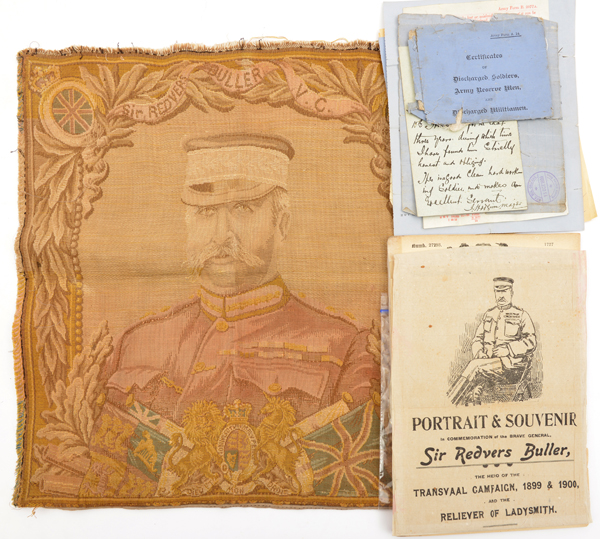 A tapestry of Sir Redvers Buller, 18” x 17”. The London Gazette March 12th 1901. A Souvenir card