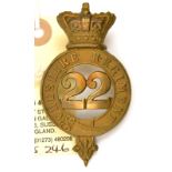 An OR’s 1874 pattern brass glengarry badge of The 22nd (Cheshire) Regt, (455), copper lugs. GC