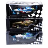 3 Minichamps 1:18 scale F1 racing cars. 2x Benetton Renault; RN3 and RN8. Plus a Peugeot Total,