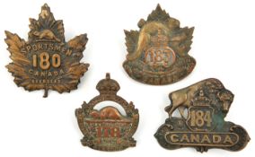 4 CEF infantry cap badges: 178th (178A), 180th (180A), 183rd (183A) and 184th. Near VGC Part I of