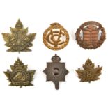 6 CEF cap badges: Mounted Rifles Draft (lugs missing), 8th Central Ontario Reserve, Remount Depot,
