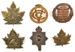 6 CEF cap badges: Mounted Rifles Draft (lugs missing), 8th Central Ontario Reserve, Remount Depot,