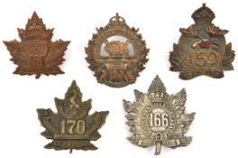 5 CEF infantry cap badges : 159th, 161st, 163rd, 166th and 170th (170A, lugs missing). GC Part I